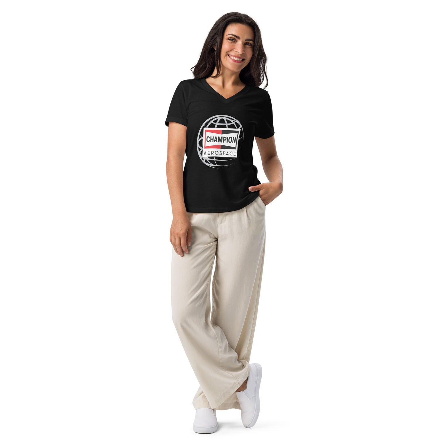 Champion Aerospace Vertical Logo Women’s Relaxed V-Neck T-shirt